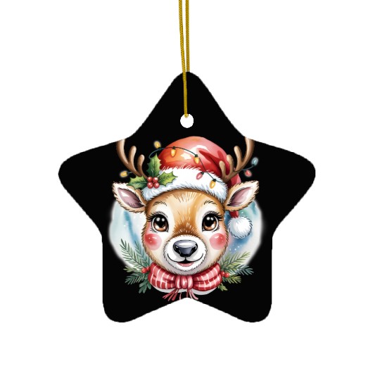 Cute Rudolph Reindeer Watercolor Christmas Art Ceramic Ornaments