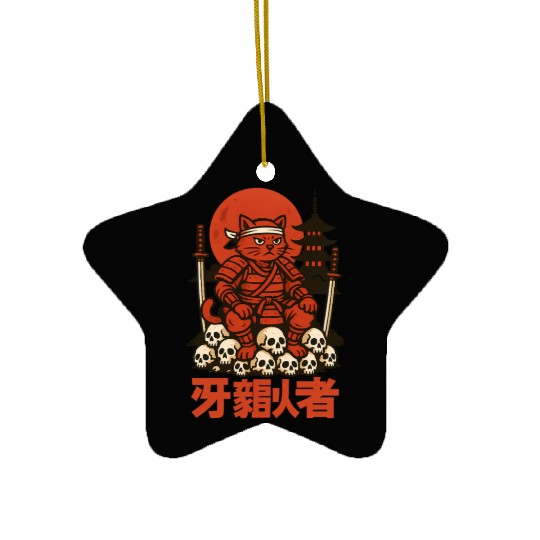 Samurai Cat with Skulls and Pagoda Ceramic Ornaments