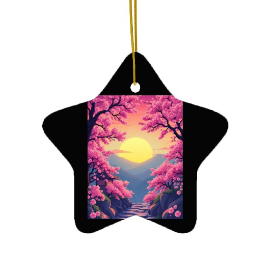 Cherry Blossom Sunset Path Ceramic Ornaments