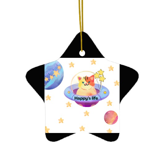Whimsical Cat in Space with Star Balloons Ceramic Ornaments