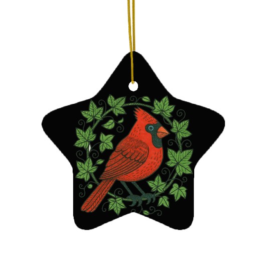 Vibrant Cardinal Amidst Ivy Leaves Ceramic Ornaments
