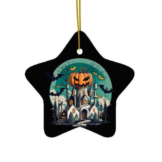 Haunted Pumpkin Castle Halloween Design Ceramic Ornaments