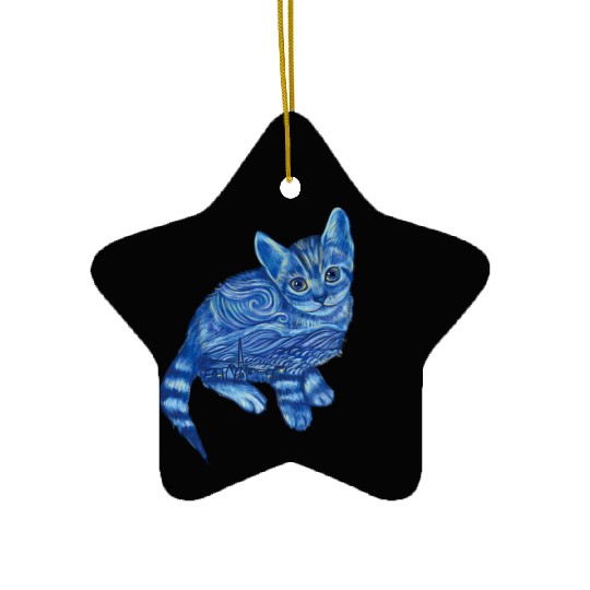 Blue Van Gogh Starry Night Bengal Cat Illustration Ceramic Ornaments