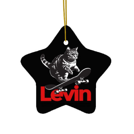 Cool Cat Skateboard with cute Boy Name LEVIN Ceramic Ornaments