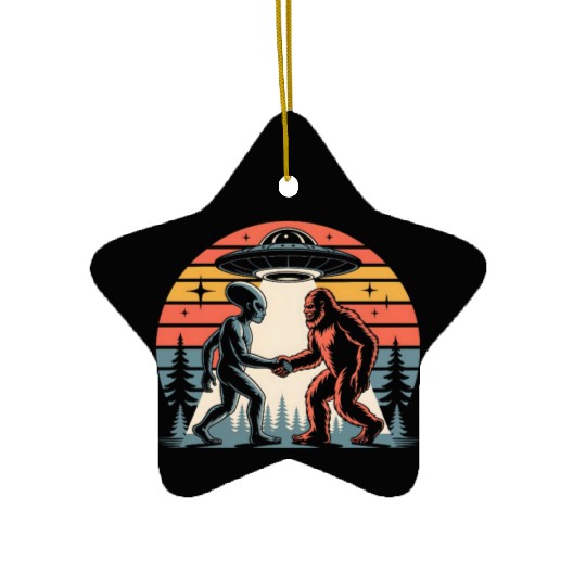 Alien and Bigfoot Retro Sunset UFO Ceramic Ornaments