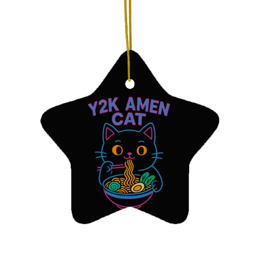 Y2K Ramen Cat – Retro Neon Anime Noodle Lover Desi Ceramic Ornaments