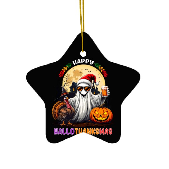Happy Hallothanksmas Halloween Thanksgiving Xmas Ceramic Ornaments