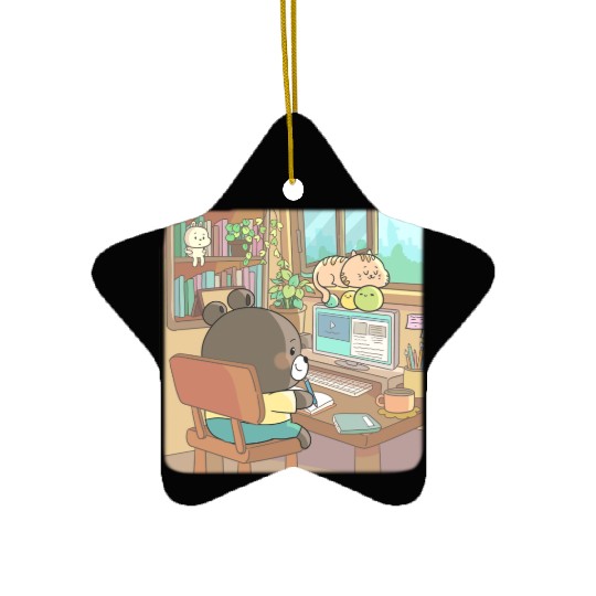 Cozy teddy bear studying Ceramic Ornaments