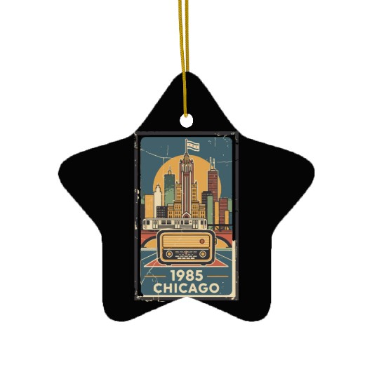Vintage Chicago Skyline with Retro Radio Ceramic Ornaments