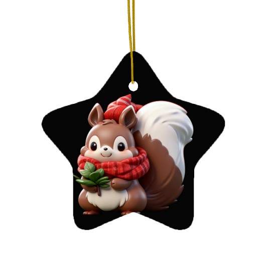 Festive Squirrel with Plaid Hat and Scarf Ceramic Ornaments