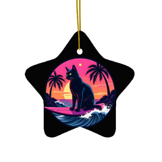 Retro Wave Cat Surfer Ceramic Ornaments