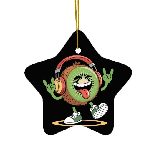 Playful Kiwi Cartoon with Headphones Ceramic Ornaments