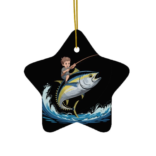 Joyful young boy rides massive jumping tuna Ceramic Ornaments