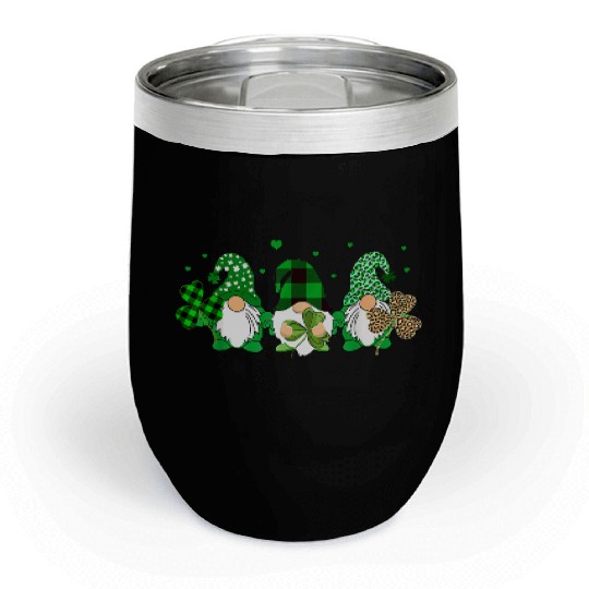 Three Gnomes Holding Shamrock Leopard Plaid Chill Wine Tumblers