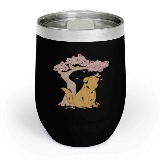 Dog With Sakura Tree Chill Wine Tumblers