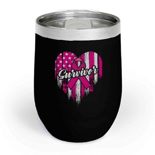 Breast Cancer Survivor Pink Ribbon American Flag Chill Wine Tumblers