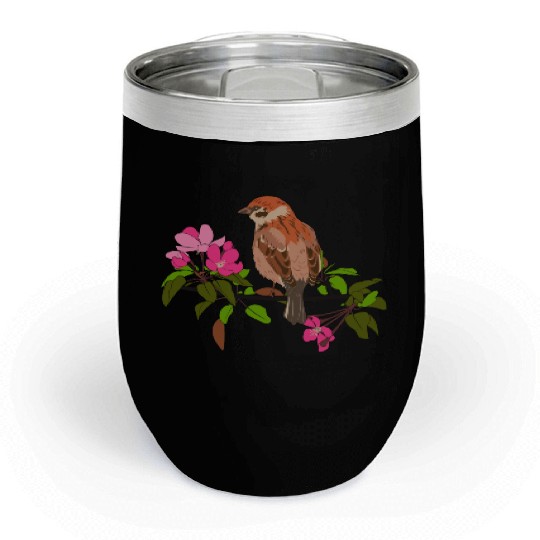 Sparrow on a branch pink flowers of an apple tree Chill Wine Tumblers