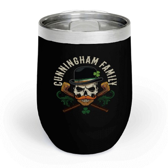 Cunningham Family Irish Skull with Shillelagh and Chill Wine Tumblers