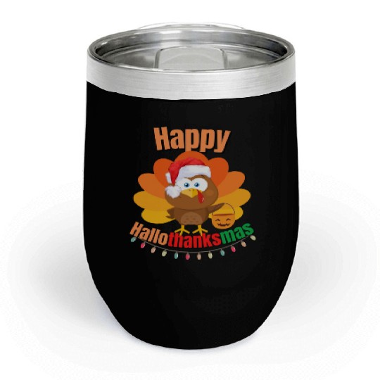 Happy Hallothanksmas Trick or Treat Santa Turkey Chill Wine Tumblers
