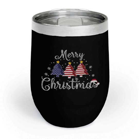 Merry Christmas Xmas Tree American Flag Patriot Chill Wine Tumblers