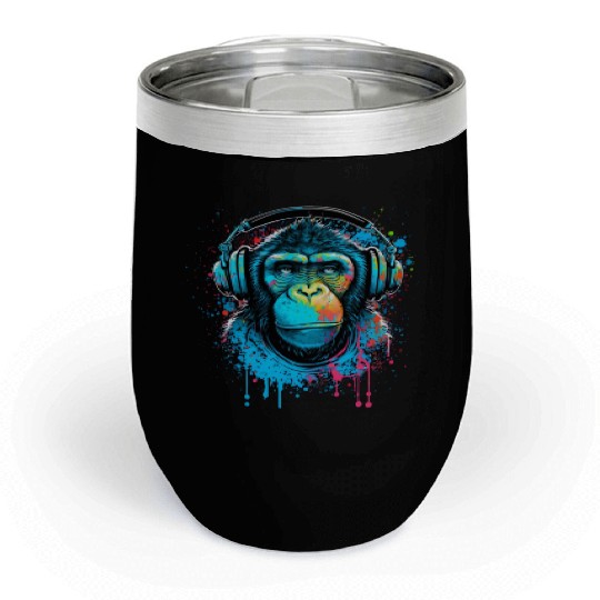 ape, primate, monkey wearing headphones Chill Wine Tumblers