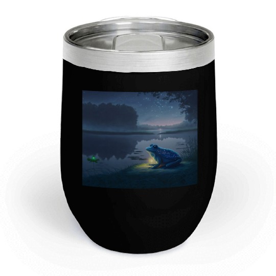 Blue Frog and Firefly on a pond at Night Chill Wine Tumblers