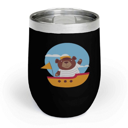 kawaii cute brown baby bear sailing on a boat Chill Wine Tumblers