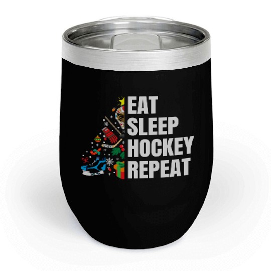 Eat Sleep hockey Repeat Christmas tree Chill Wine Tumblers
