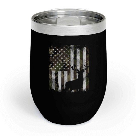 Camo US Flag Deer Elk Buck Camoflage Hunting Hunte Chill Wine Tumblers