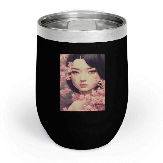 japan girl portrait sakura blossom Japan wall art Chill Wine Tumblers