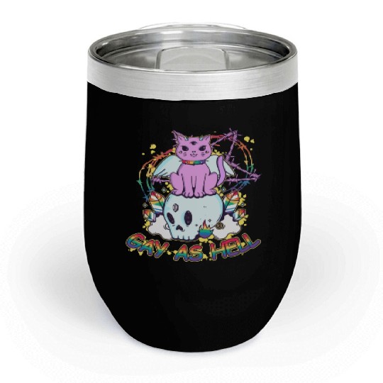 Gay As Hell Creepy Cute Gay Pride Cat LGBT Rainbow Chill Wine Tumblers