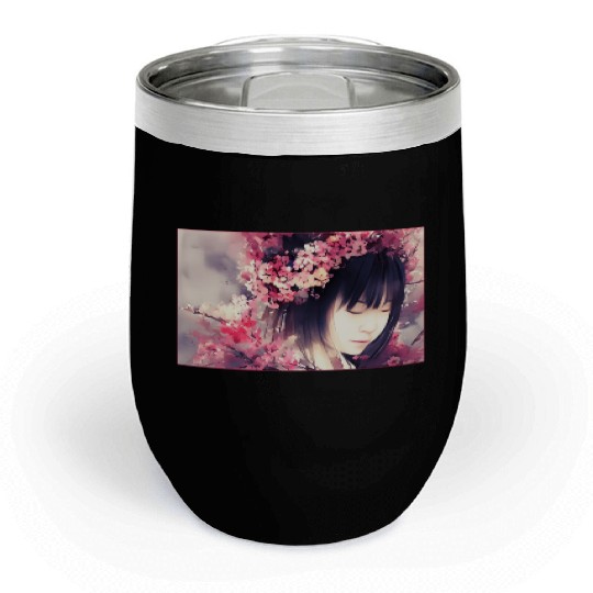 japan girl portrait sakura blossom Japan wallart Chill Wine Tumblers