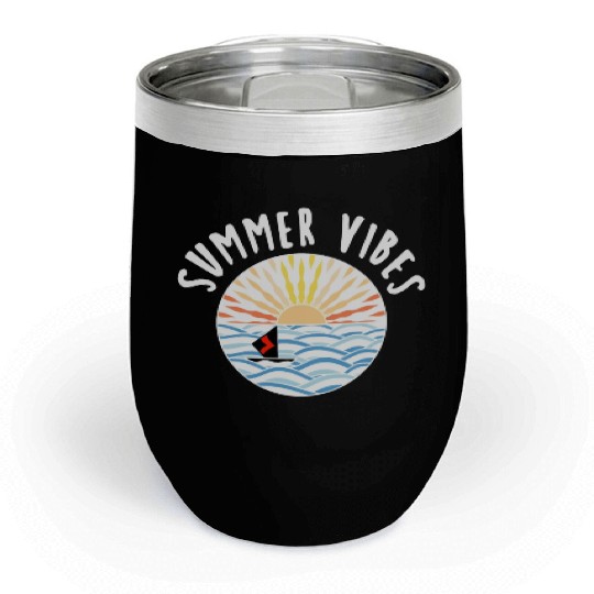 illustration sun sea boat summer vibes Chill Wine Tumblers