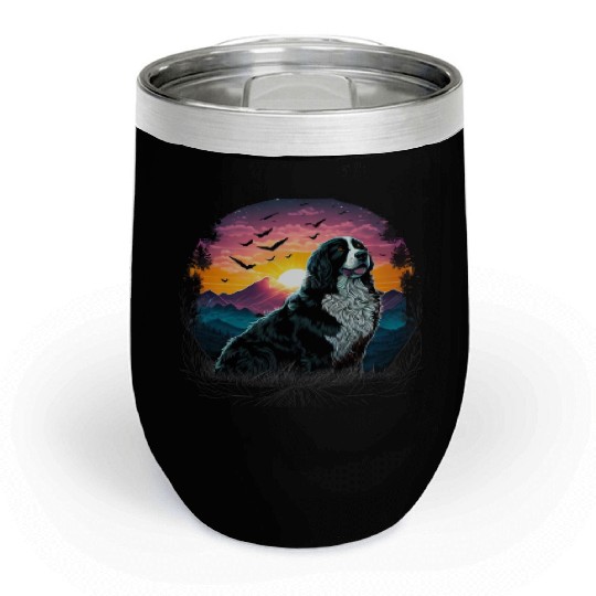 Bernese Mountain Dog with Mountain Sunrise view Chill Wine Tumblers
