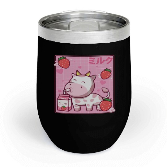 Kawaii Pink Strawberry Cow Milk Shake Otaku Anime Chill Wine Tumblers