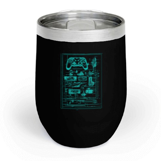 Neon Teal Video Game Controller Blueprint Chill Wine Tumblers