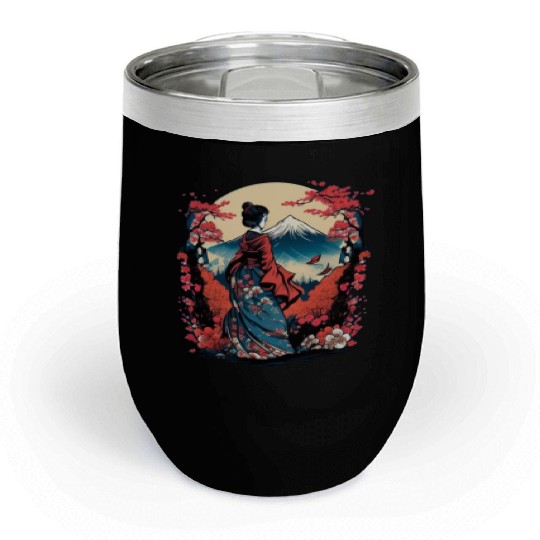 Mount Fuji Fujisan Fujiyama Floral Geisha Chill Wine Tumblers