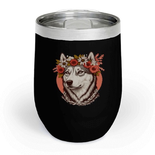 Cute Siberian Husky Flower Crown Pet Dog Breed Flo Chill Wine Tumblers