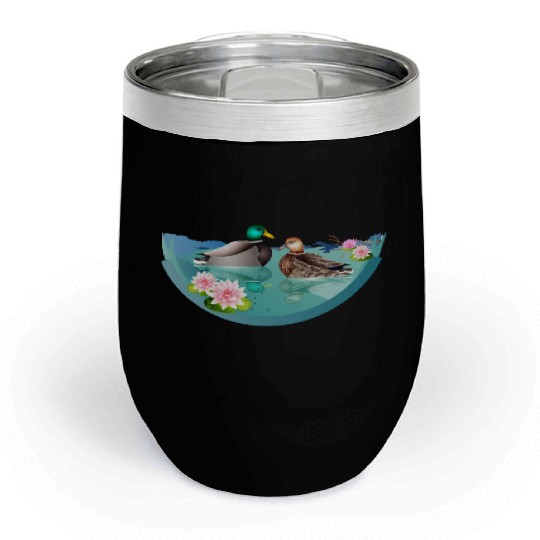Duck couple in a duck pond with water lilies Chill Wine Tumblers