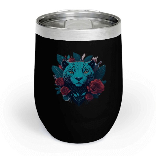cute jaguar with red flowers Chill Wine Tumblers