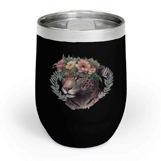 Watercolor Jaguar Flower Crown Wild Cat Lover Chill Wine Tumblers