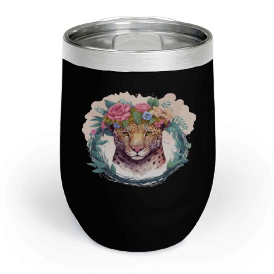 Jaguar Flower Crown Floral Watercolor Chill Wine Tumblers
