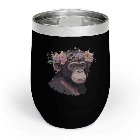 Cute Chimp Chimpanzee Flower Crown Floral Ape Monk Chill Wine Tumblers