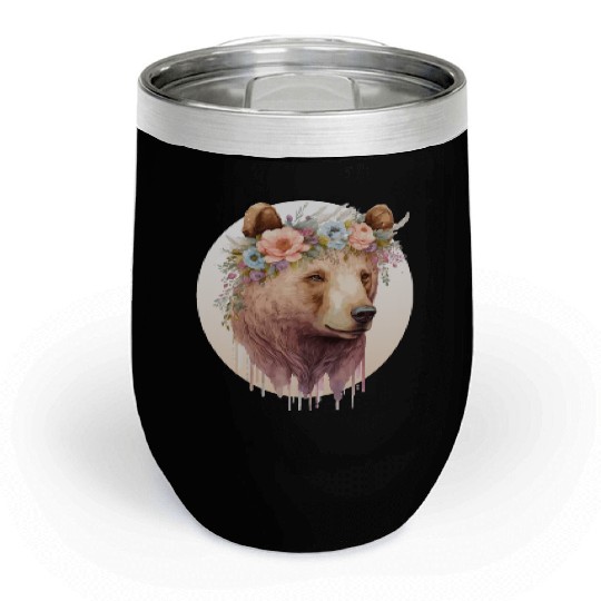 Watercolor Brown Bear Grizzly Flower Crown Wild An Chill Wine Tumblers