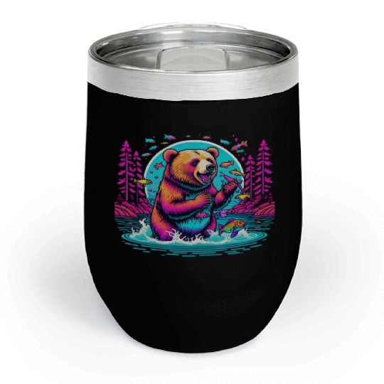 Joyful Bear Fishing in River Chill Wine Tumblers