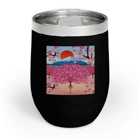 Sunset Sakura Mountains Gift Cherry Blossoms Chill Wine Tumblers
