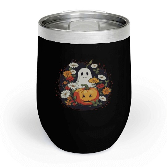 Trick or Treat Halloween Chill Wine Tumblers With Ghost Pumpkin