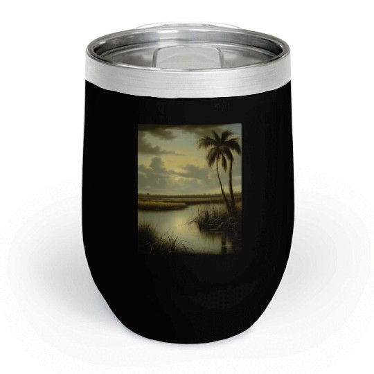 Tropical Landscape with Palm Tree and Water Chill Wine Tumblers