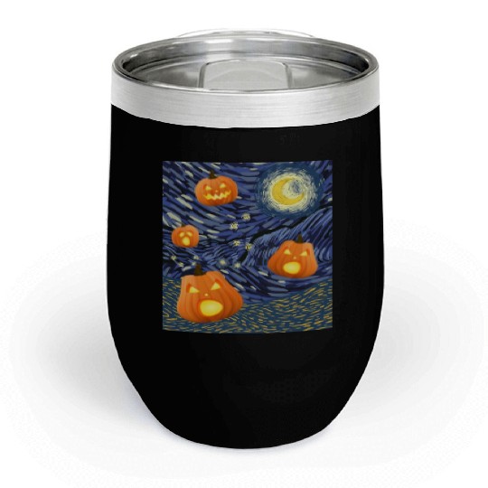 Starry Night with Pumpkins Funny Halloween Art Chill Wine Tumblers