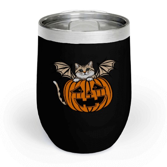 Cute Creepy Cat With Bat Wings Funny Halloween Chill Wine Tumblers